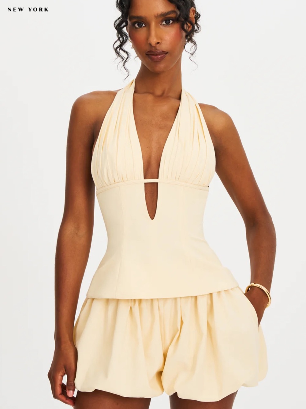 Miss Circle Set Cream Halter Plunge & Bubble Shorts